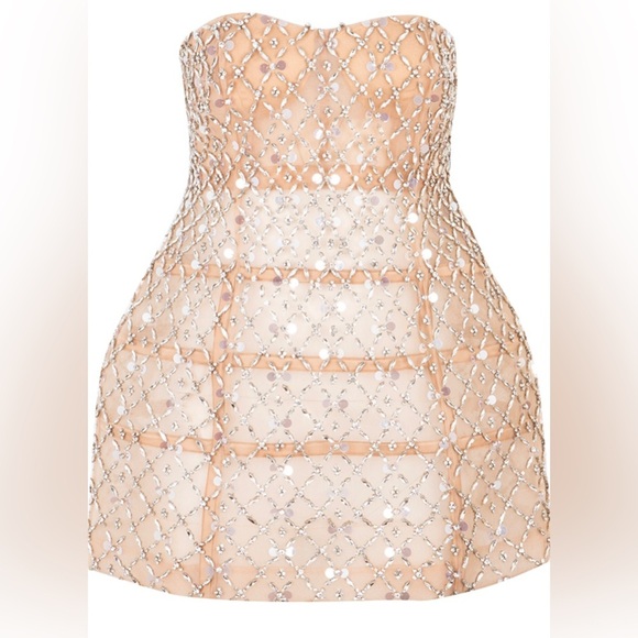 CURRENT SEASON Retrofete KATHLEEN CRYSTAL EMBELLISHED DRESS Silver Nude NWT - Picture 9 of 12